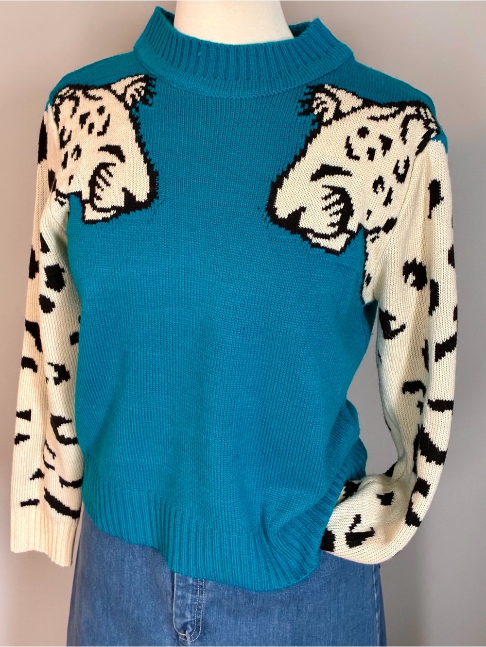 Cute Snow Leopard Knit Sweater, Turquoise and Cream with Black